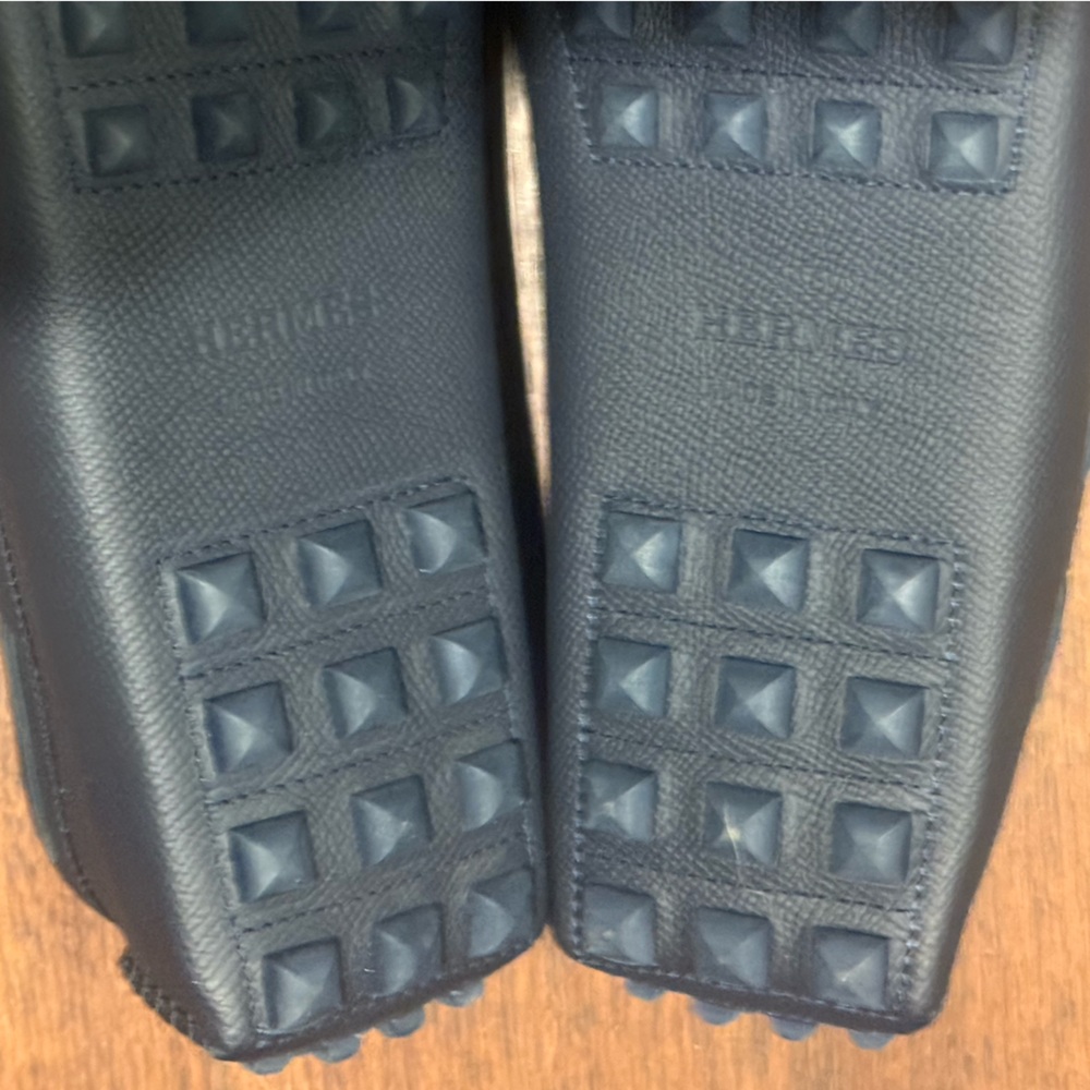 AUTHENTIC MENS HERMES ALLESANDRO LEATHER LOAFERS, SIZE US 9.5, NAVY - Picture 13 of 15